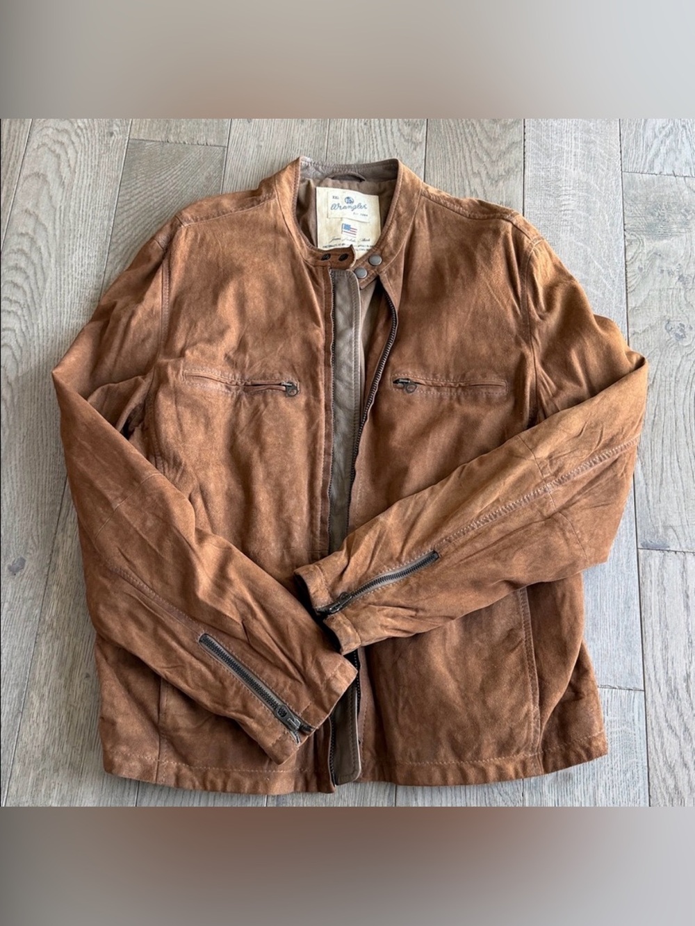 Wrangler: Brown Suede Cafe Race Motorcycle Jacket - Men's